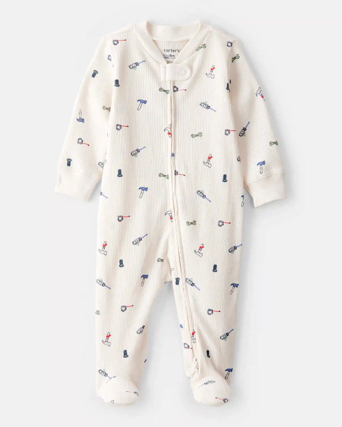 Baby Boy Construction Print Cotton Long-Sleeve Snug Fit Sleep & Play Pajamas - White