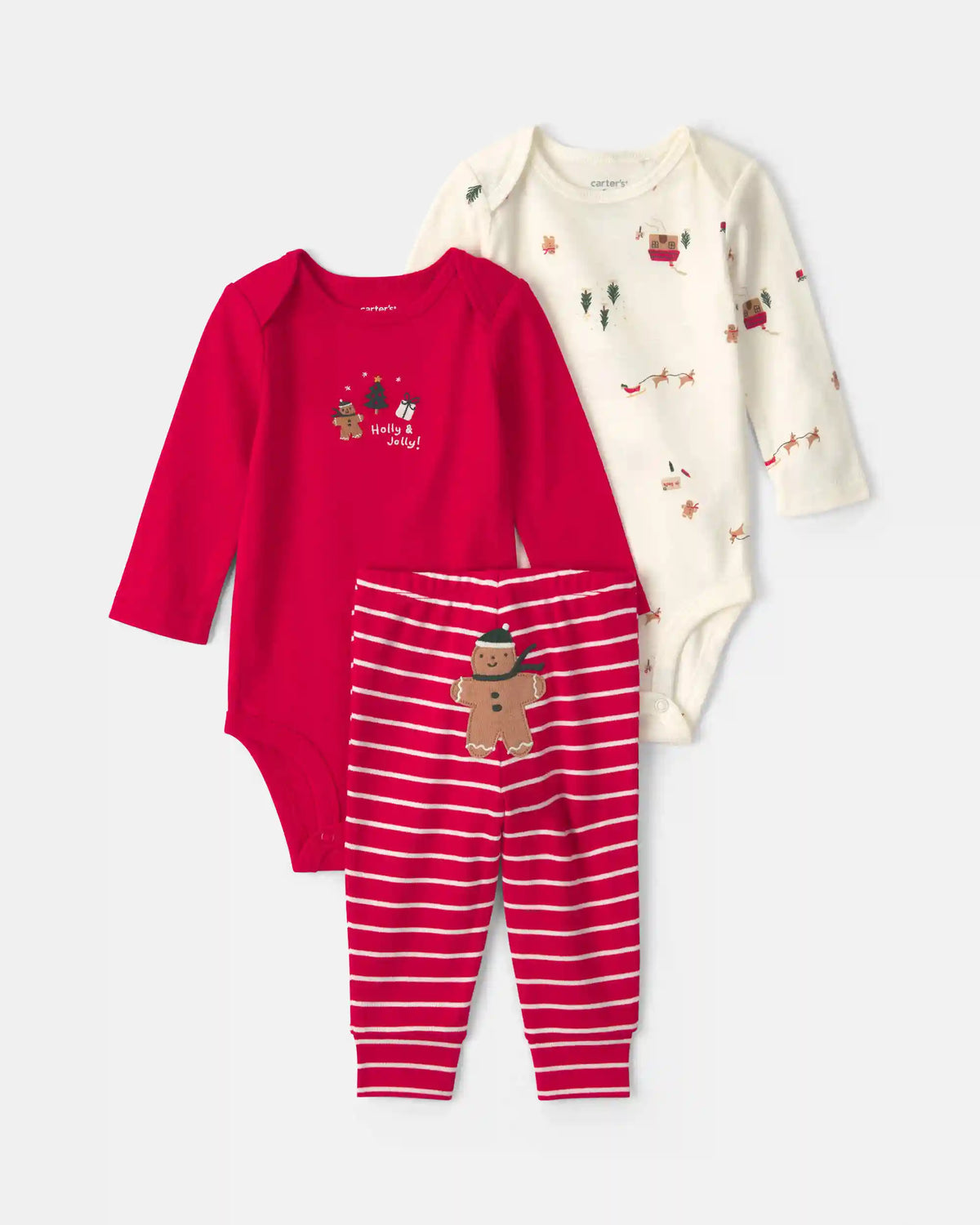 Baby Boy 3-Piece Gingerbread Long-Sleeve Bodysuit & Pant Set - Red/Cream