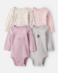Baby Girl 4-Pack Koala Print Cotton Long-Sleeve Multipack Bodysuits - Multi