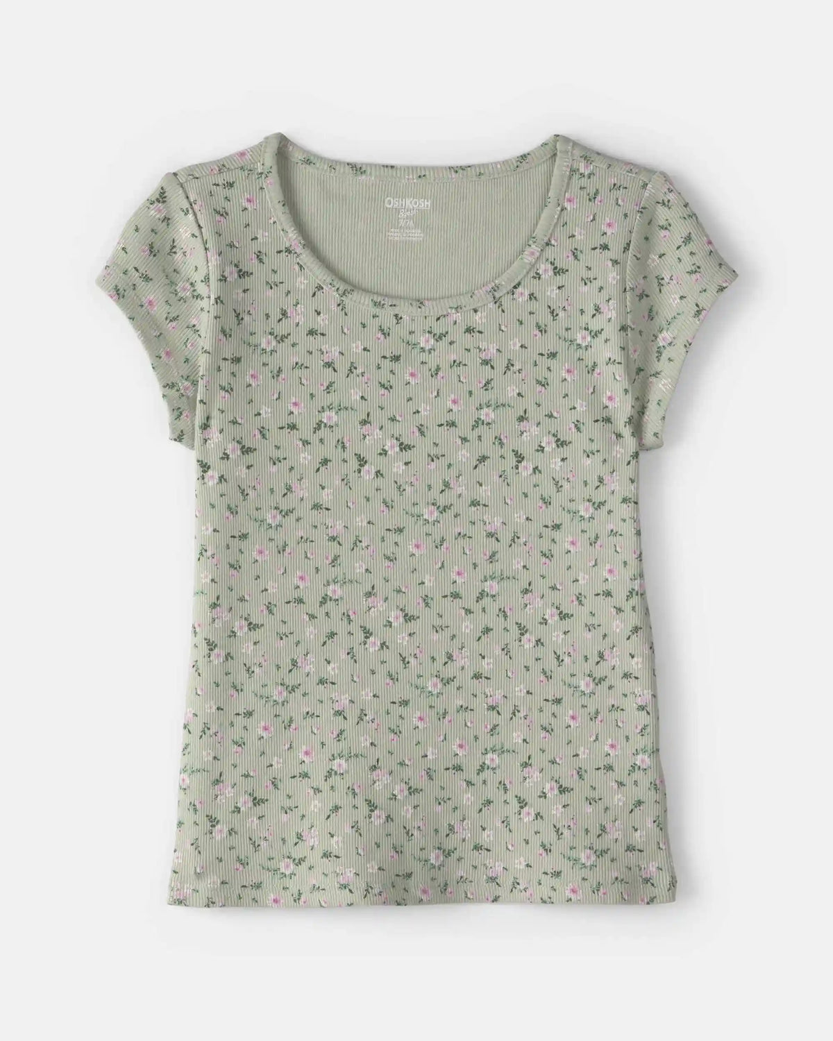 Girls Floral Ribbed Top - Green