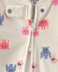 Baby Girl 1-Piece Monster 2-Way Zip DreamPlush Snug Fit Pajama - Cream