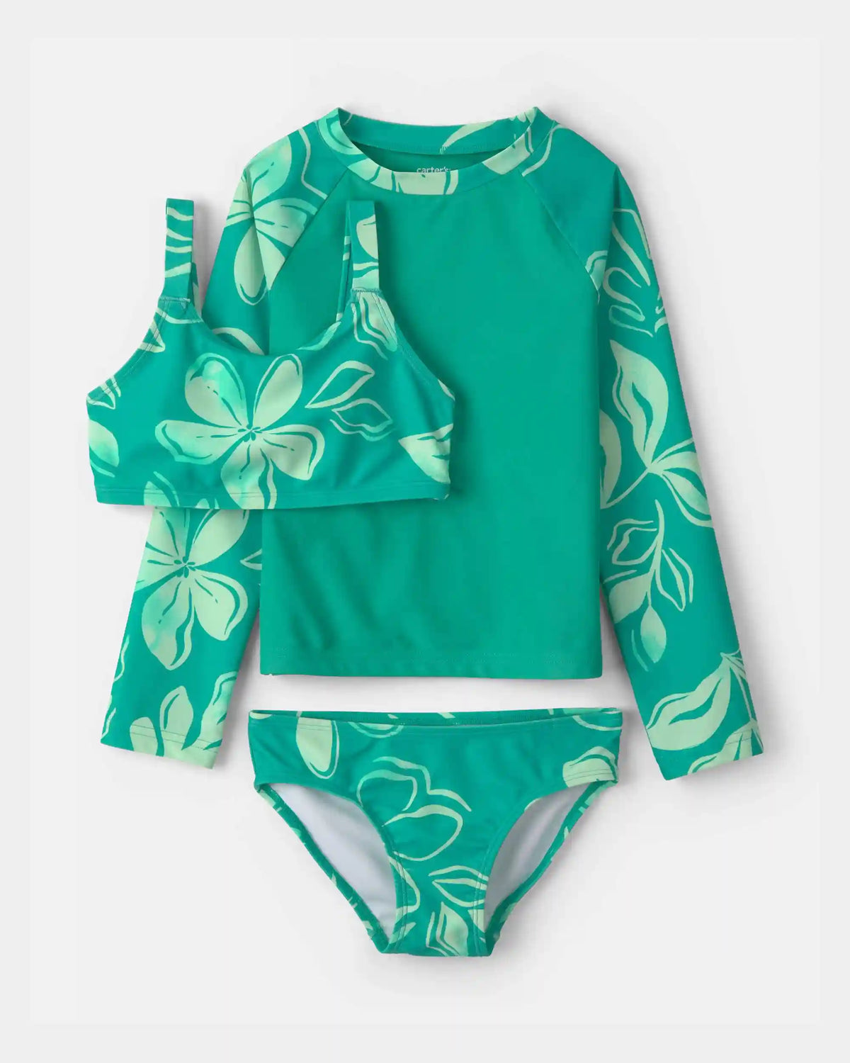 Girls 3-Piece Floral Rashguard Swimsuit Set - Green