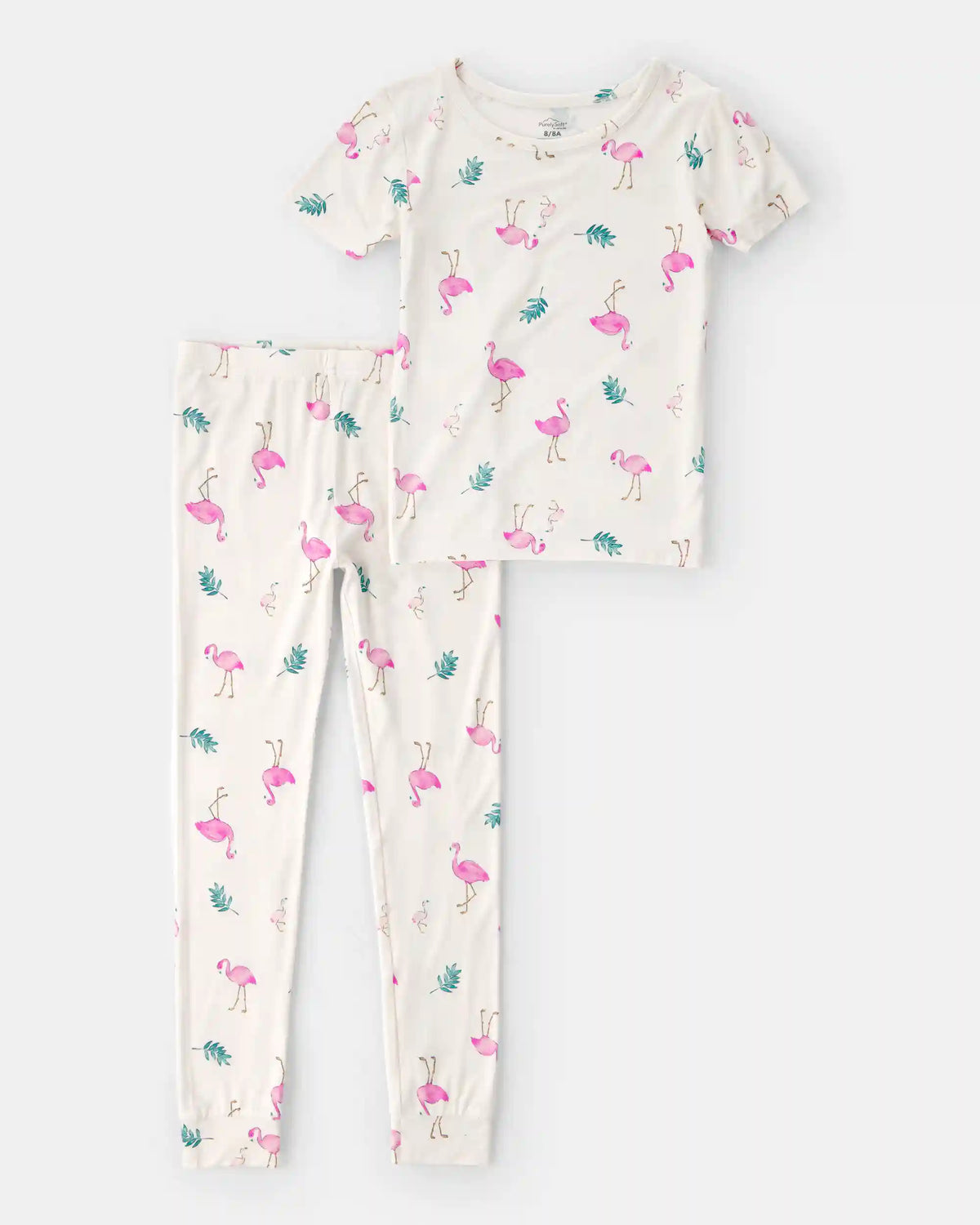 Girls Flamingo PurelySoft Short-Sleeve Snug Fit 2-Piece Pajama Set - Ivory