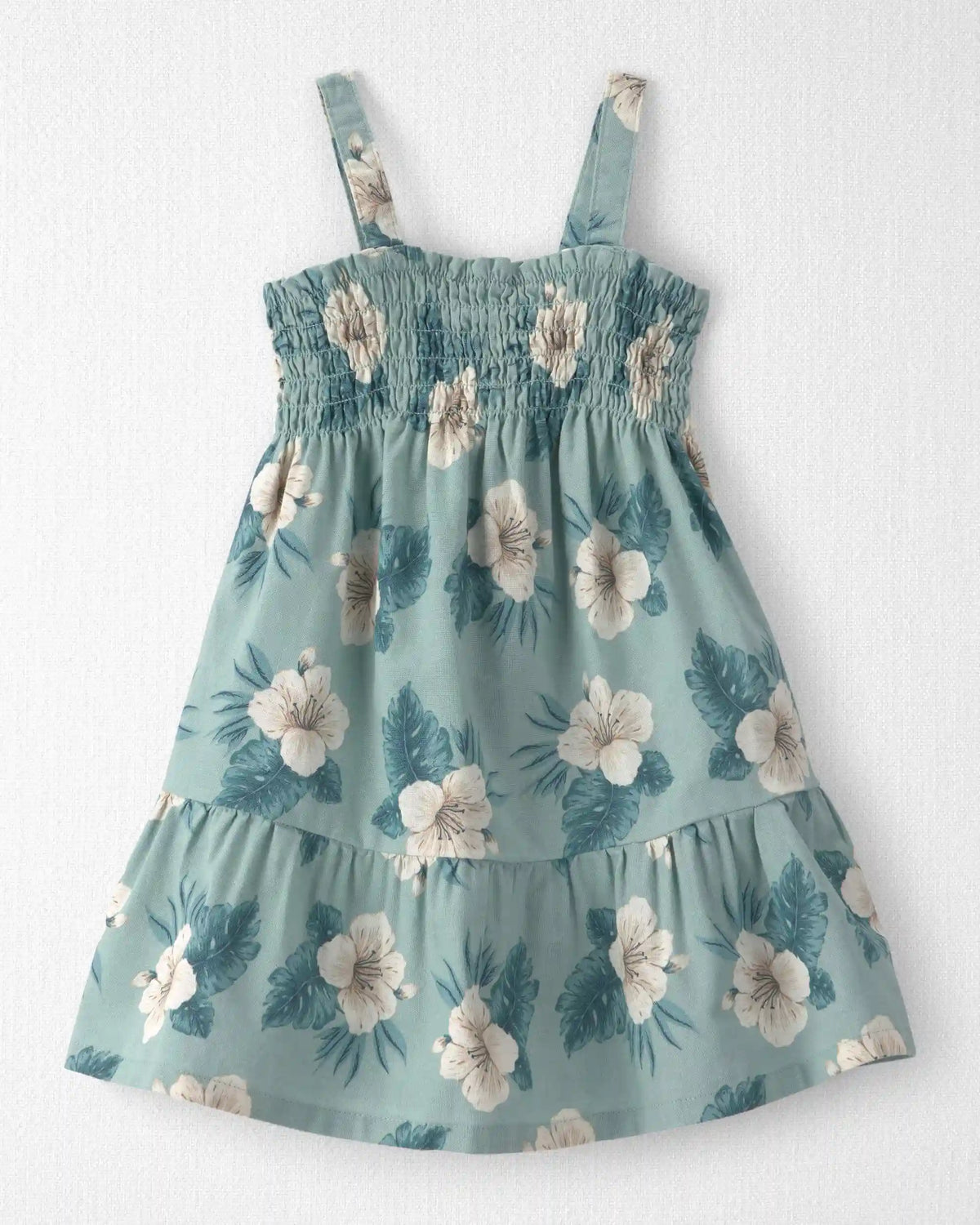 Toddler Girl Smocked Linen Dress Made with Organic Cotton in Blue Hibiscus