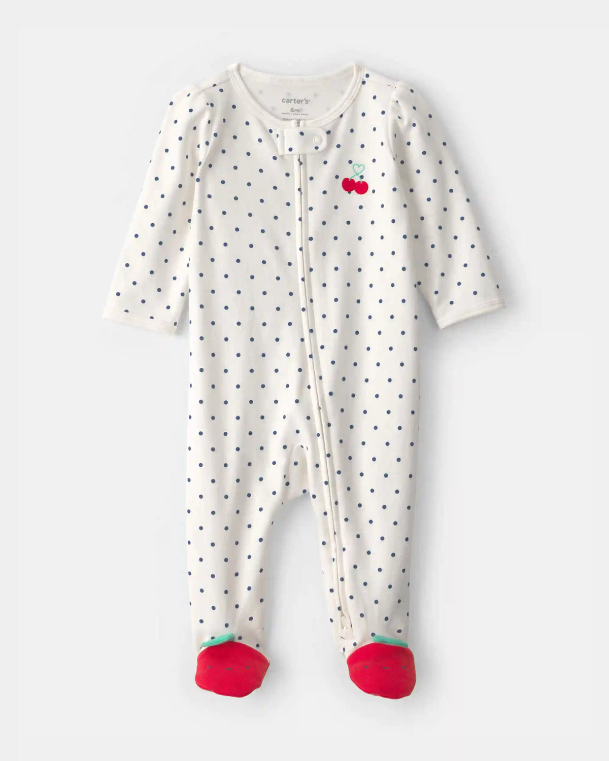 Baby Girl Cherry 2-Way Zip 100% Cotton Sleep & Play Pajama - White