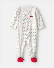 Baby Girl Cherry 2-Way Zip 100% Cotton Sleep & Play Pajama - White