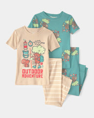 Toddler Boy Tree 100% Cotton Snug Fit 4-Piece Pajama Set - Green/Cream