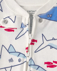 Baby Boy Shark 100% Cotton Snug Fit 1-Piece Pajama - Ivory/Blue