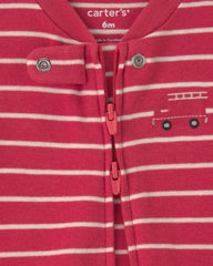 Baby Boy Firetruck Striped 100% Cotton 2-Way Zip Sleep & Play Pajamas - Red