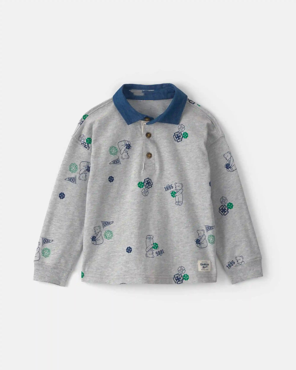 Toddler Boy Bear Long-Sleeve Polo Shirt - Grey
