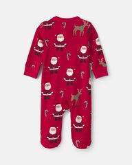 Baby Beige Santa Christmas 100% Cotton 2-Way Zip Sleep & Play Pajamas - Red