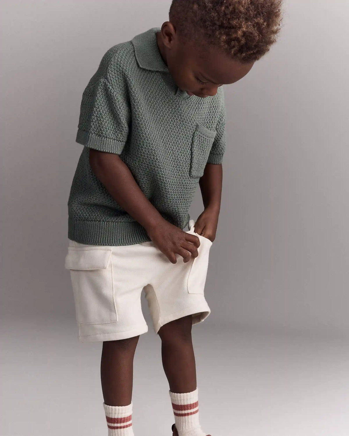 Toddler Boy French Terry Cargo Short with Pockets - Cream