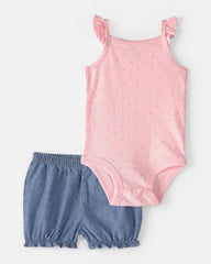 Baby Girl 3-Piece Chambray Outfit Set - Blue/Pink
