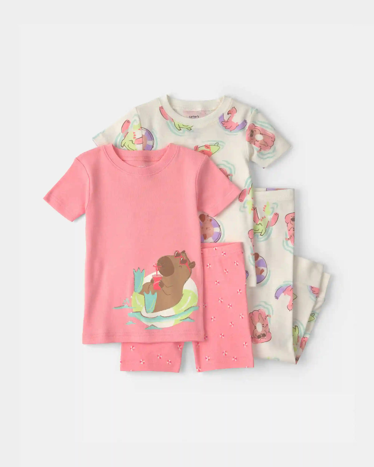 Toddler Girl Pool Party 100% Cotton 4-Piece Pajama Set - Pink/Ivory