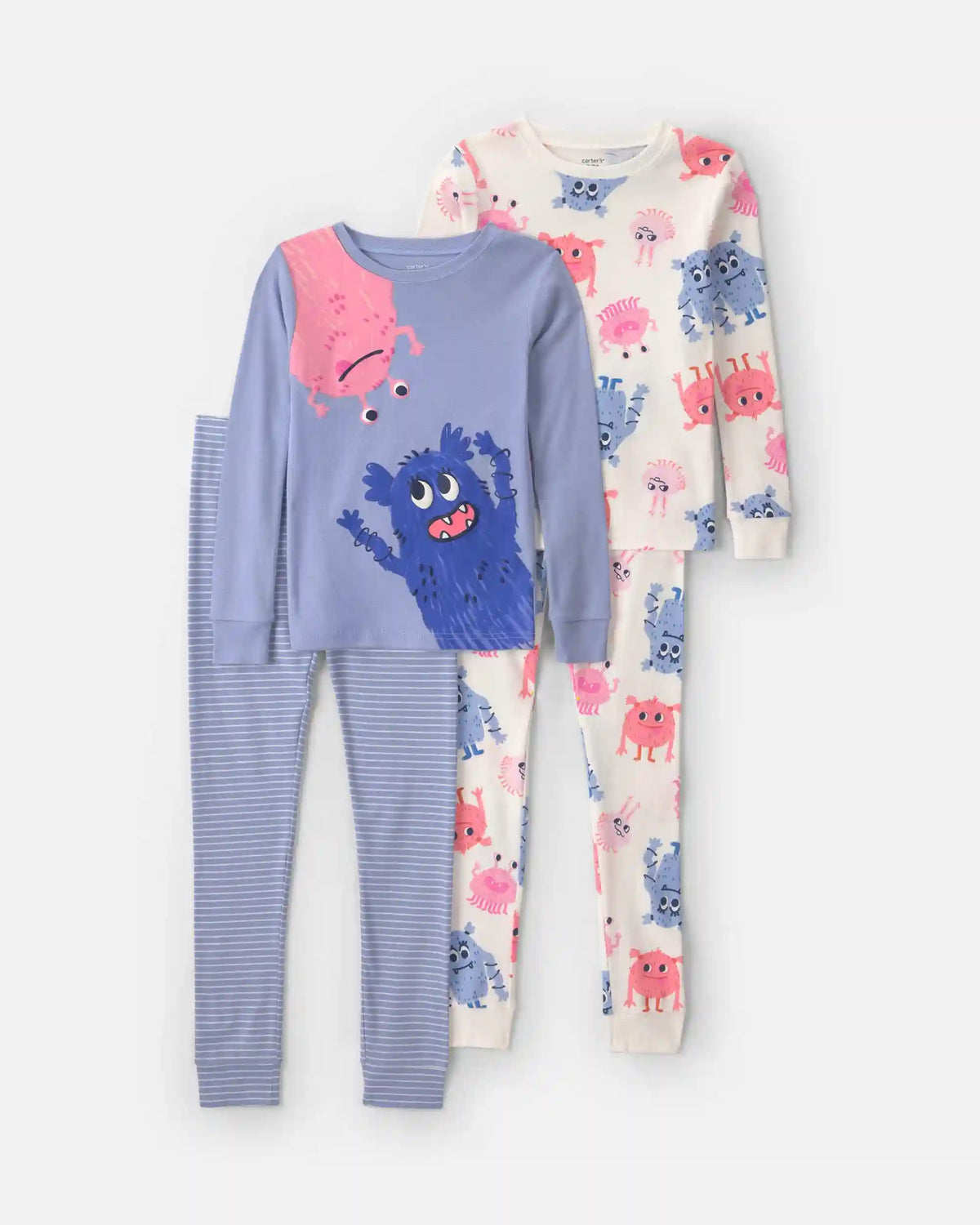 Girls 4-Piece Monster 100% Cotton Snug Fit Pajama Set - Blue/Cream