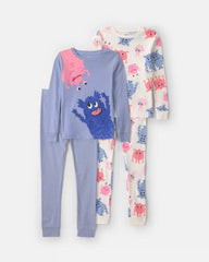 Girls 4-Piece Monster 100% Cotton Snug Fit Pajama Set - Blue/Cream