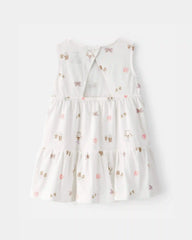 Baby Girl Gardening Print Sleeveless Dress - White