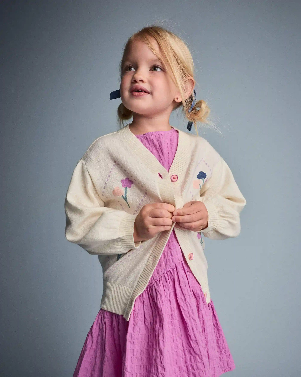 Toddler Girl Cardigan Sweater with Flowers - Cream
