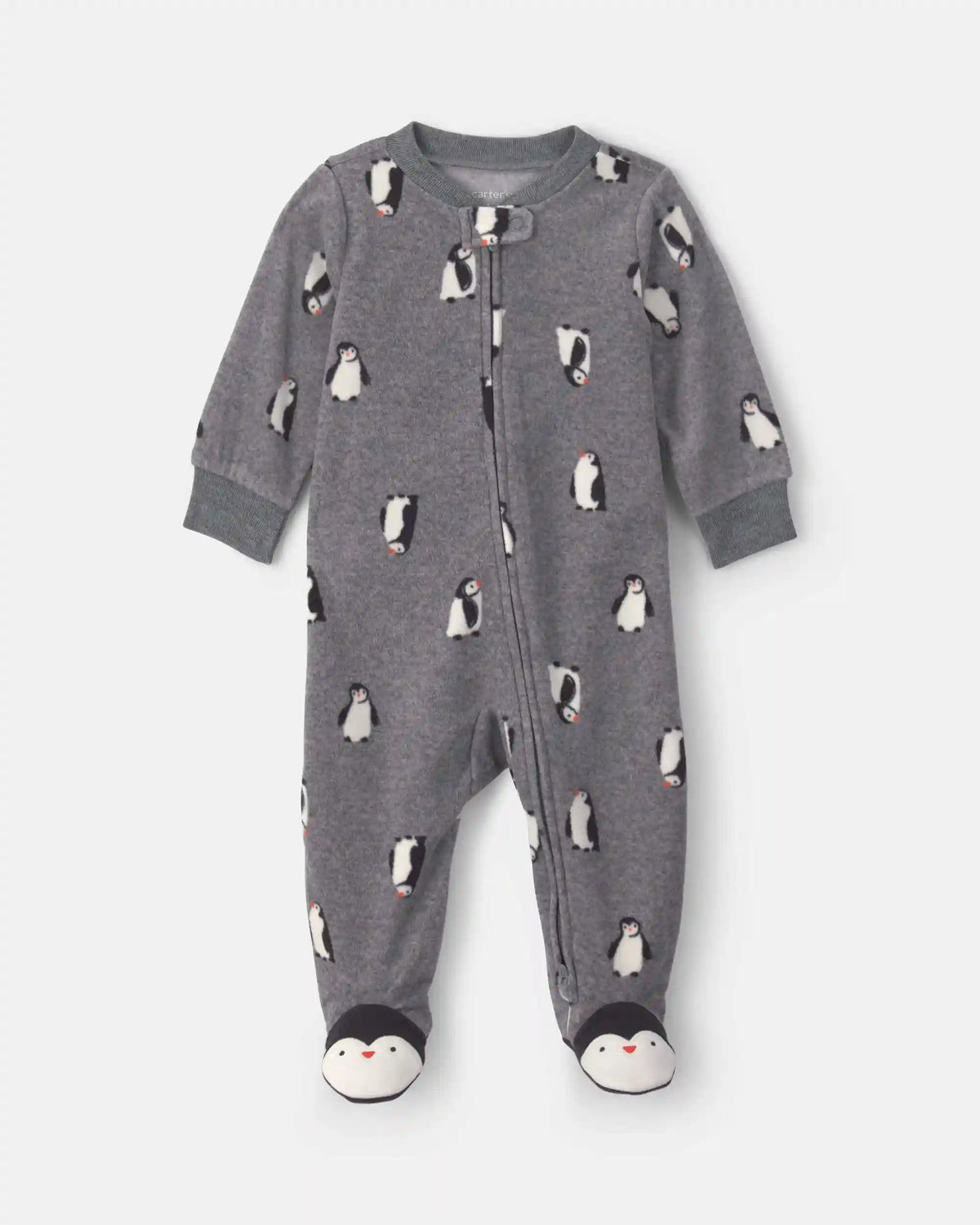 Baby Boy Penguin Fleece 2-Way Zip Sleep & Play Pajamas - Grey