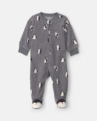 Baby Boy Penguin Fleece 2-Way Zip Sleep & Play Pajamas - Grey