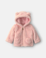 Baby Girl Bear Teddy Fleece Zip-Up Hoodie - Pink