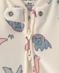 Baby Girl Dinosaur Fleece 2-Way Zip DreamPlush Sleep & Play Pajamas - Cream
