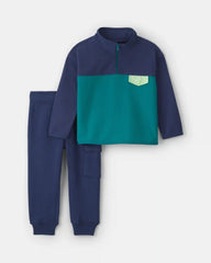Toddler Boy 2-Piece Color Block Fleece Pullover & Pant Set - Navy Blue/Green