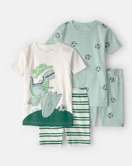 Toddler Boy Soccer Dino 100% Cotton Short-Sleeve Snug Fit 4-Piece Pajama Set - Green