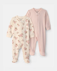 Baby Girl 2-Pack Floral Striped 100% Cotton 2-Way Zip Sleep & Play Pajamas - Pink/Ivory