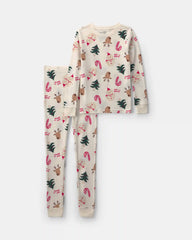 Kids 2-Piece Christmas Holiday Icon 100% Cotton Snug Fit Pajama Set - Cream