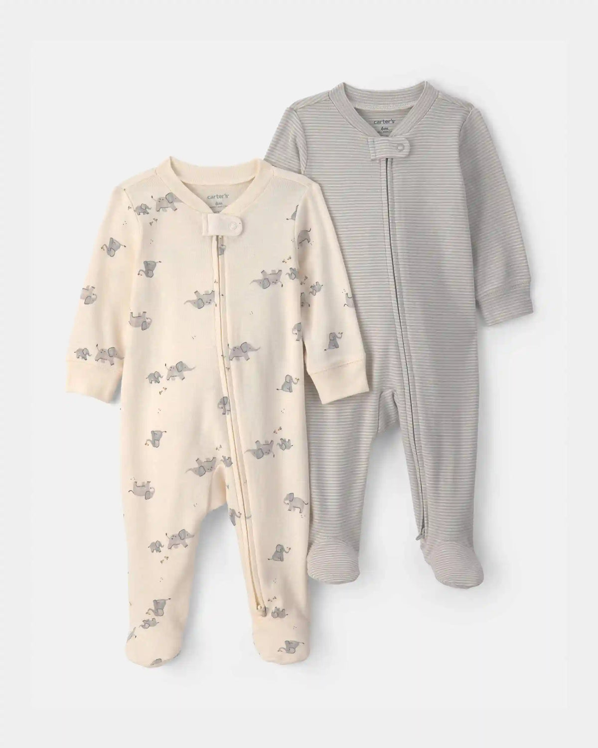 Baby 2-Pack Elephant Striped 100% Cotton 2-Way Zip Sleep & Play Pajamas - Ivory/Grey