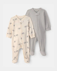 Baby 2-Pack Elephant Striped 100% Cotton 2-Way Zip Sleep & Play Pajamas - Ivory/Grey