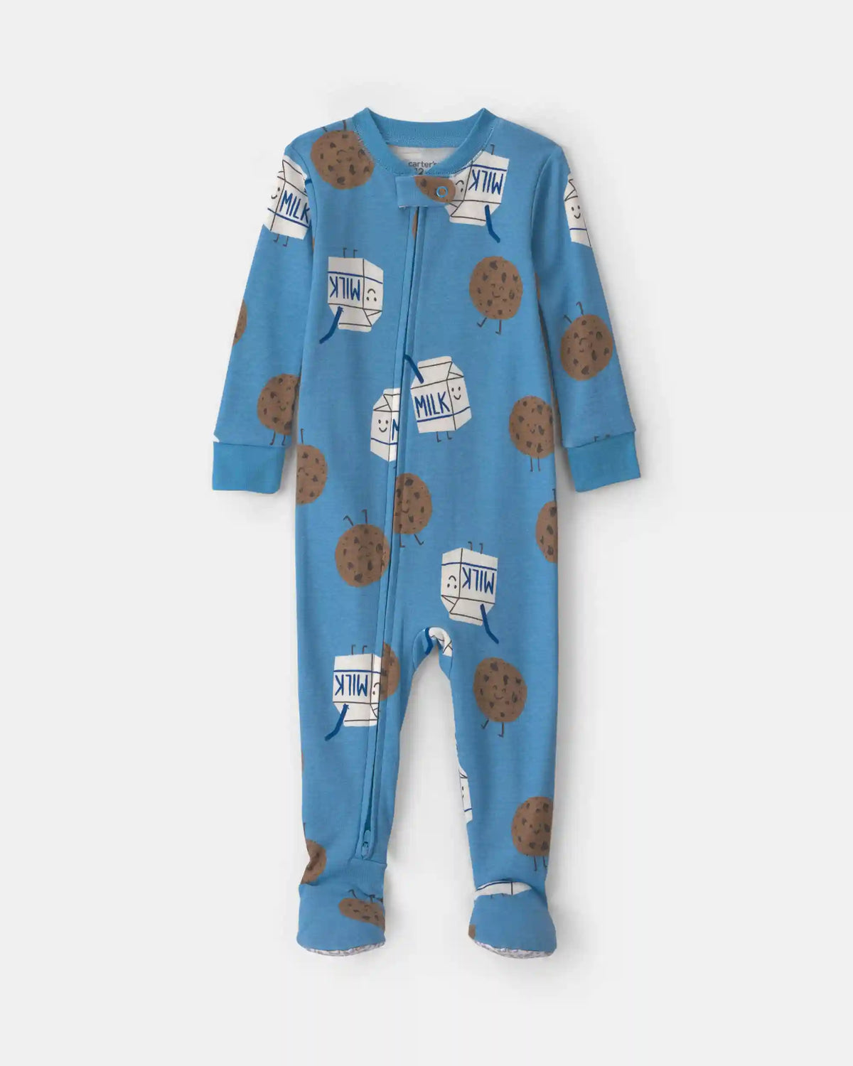 Toddler Boy 1-Piece Milk & Cookies 100% Cotton Snug Fit Footed Pajama - Blue