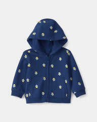 Baby Girl Floral French Terry Zip-Up Hoodie - Navy Blue