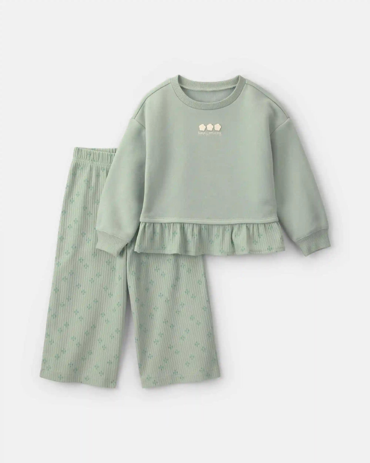 Baby Girl 2-Piece Flower Fleece Long-Sleeve Top & Pant Set - Green