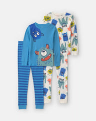 Boys 4-Piece Monster 100% Cotton Snug Fit Pajama Set - Blue
