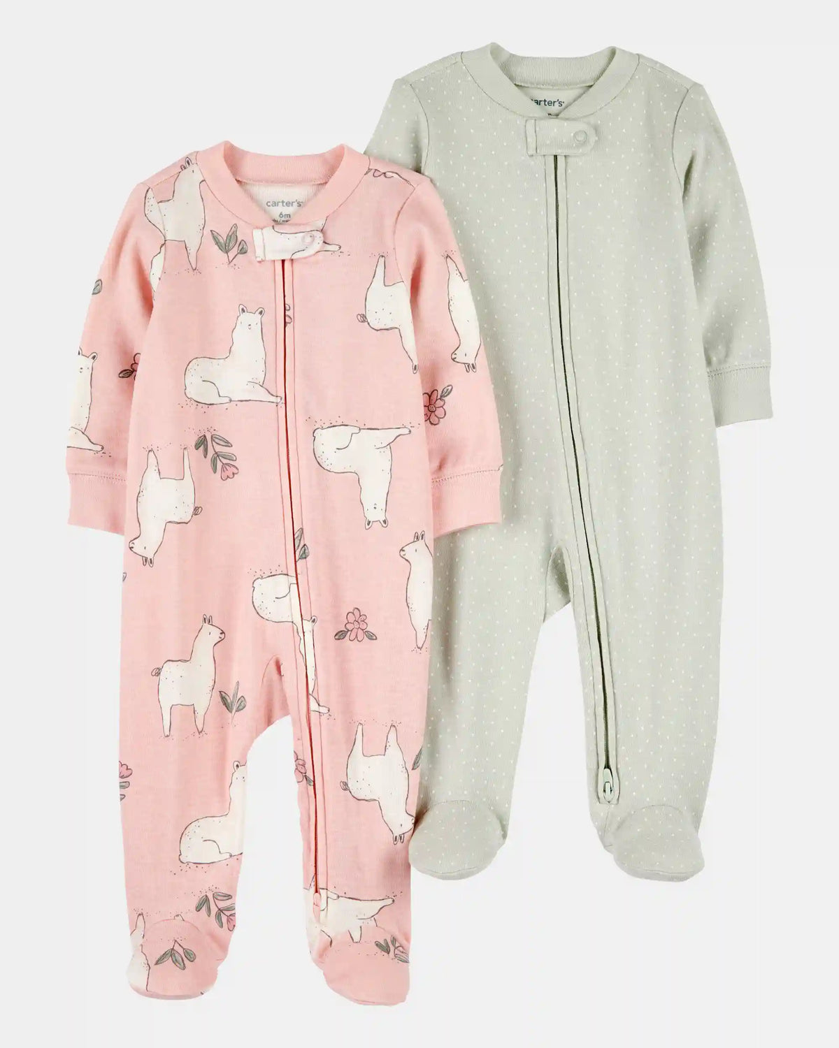 Baby Girl 2-Pack 2-Way Zip Cotton Sleep & Play Pajamas - Pink/Green