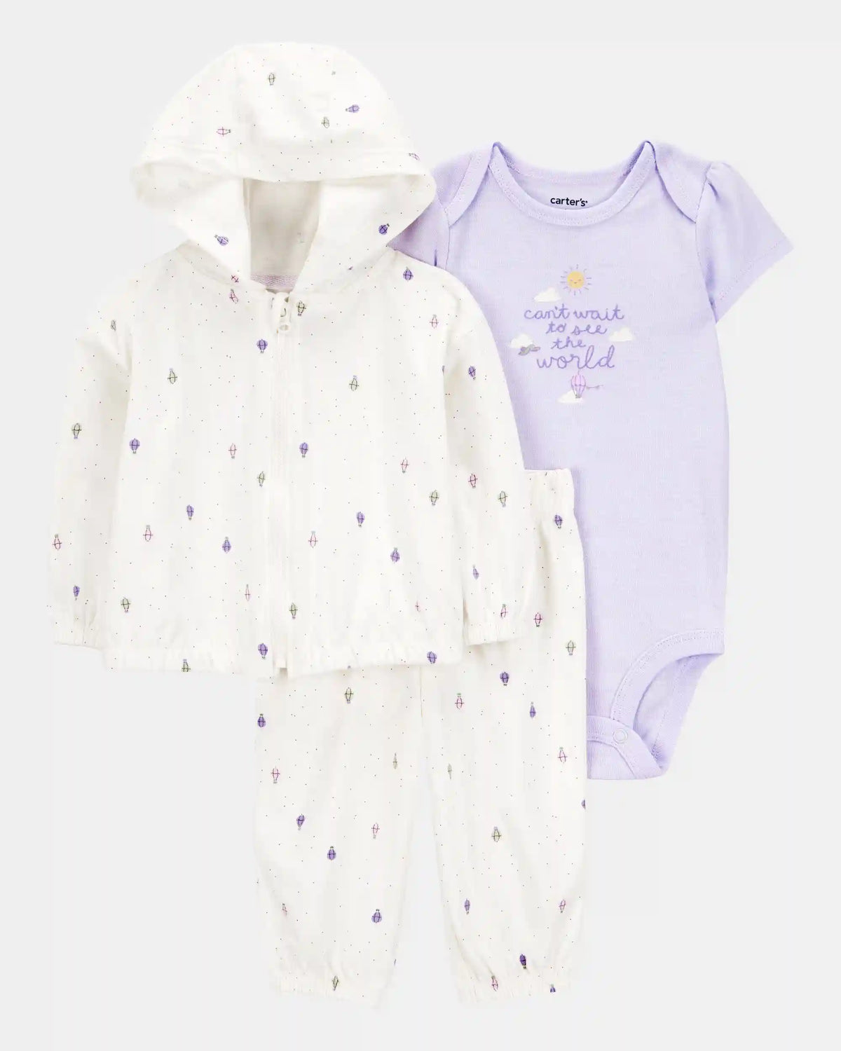 Baby Girl 3-Piece Hot Air Balloon Print Little Cardigan Set - White/Purple