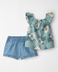 Baby Girl 2-Piece Chambray Top & Short Set Made with Organic Cotton in Blue Hibiscus