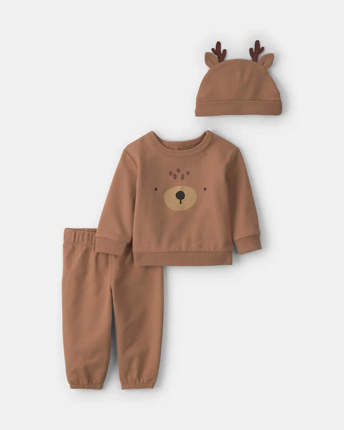 Baby 3-Piece Reindeer Christmas Long-Sleeve Top & Pant Set - Brown