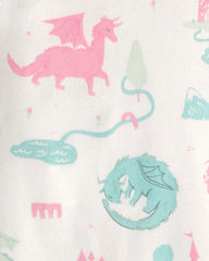 Toddler Girl Fairy Tale Dragon 100% Cotton Short-Sleeve Snug Fit 4-Piece Pajama Set - Blue/Ivory