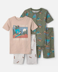 Boys Skateboard Cotton Short-Sleeve Snug Fit 4-Piece Pajama Set - Green/Brown
