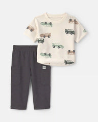 Baby Boy 2-Piece Car French Terry Short-Sleeve Top & Pant Set - Cream/Grey