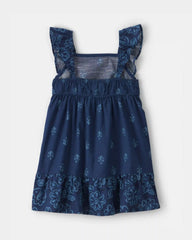 Toddler Girl Floral Ruffle-Sleeve Dress - Navy