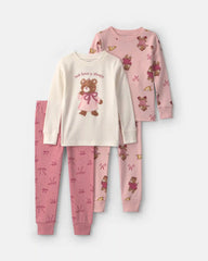 Baby Girl 4-Piece Bear Varsity 100% Cotton Snug Fit Pajama Set - Pink/Cream