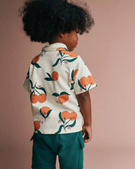 Toddler Boy Button-Down Short-Sleeve Shirt in Clementine Grove Print - Cream