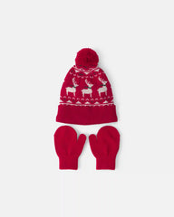 Baby 2-Piece Fair Isle Christmas Beanie & Glove Set - Red