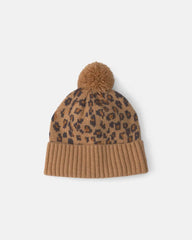 Girls Pom Leopard Beanie - Brown