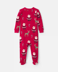 Baby 1-Piece Beige Santa Christmas 2-Way Zip 100% Cotton Snug Fit Footed Pajama - Red