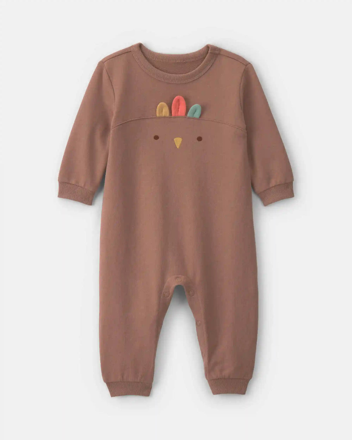 Baby Turkey Thanksgiving French Terry Long-Sleeve Jumpsuit - Brown